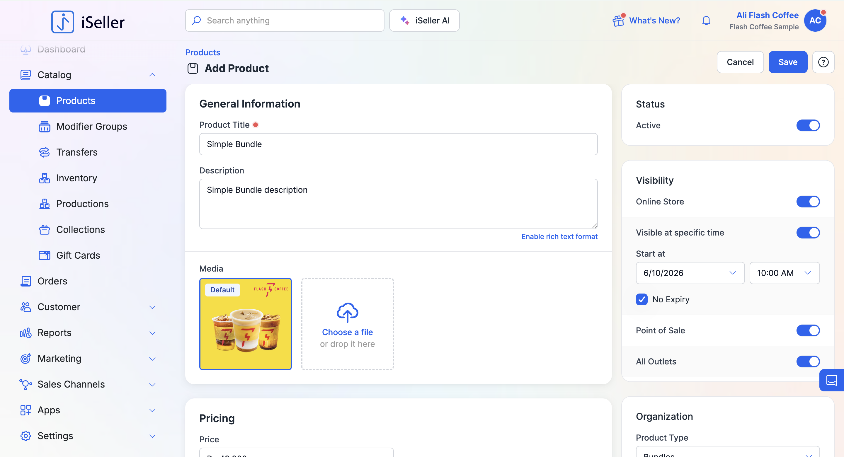 Add Product — General Information, Status, Visibility, Organization