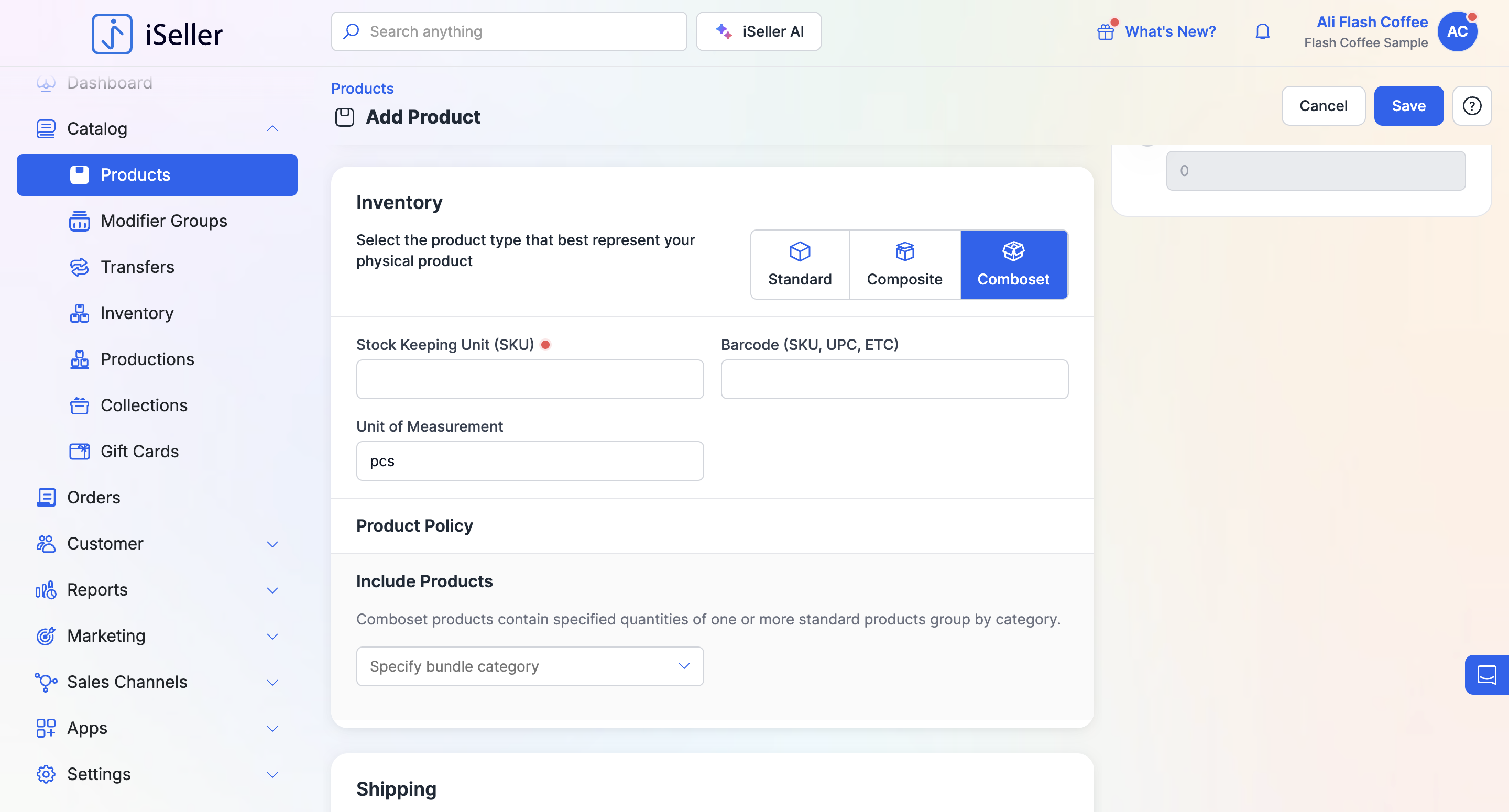Add Product — Inventory type selector (Comboset), SKU