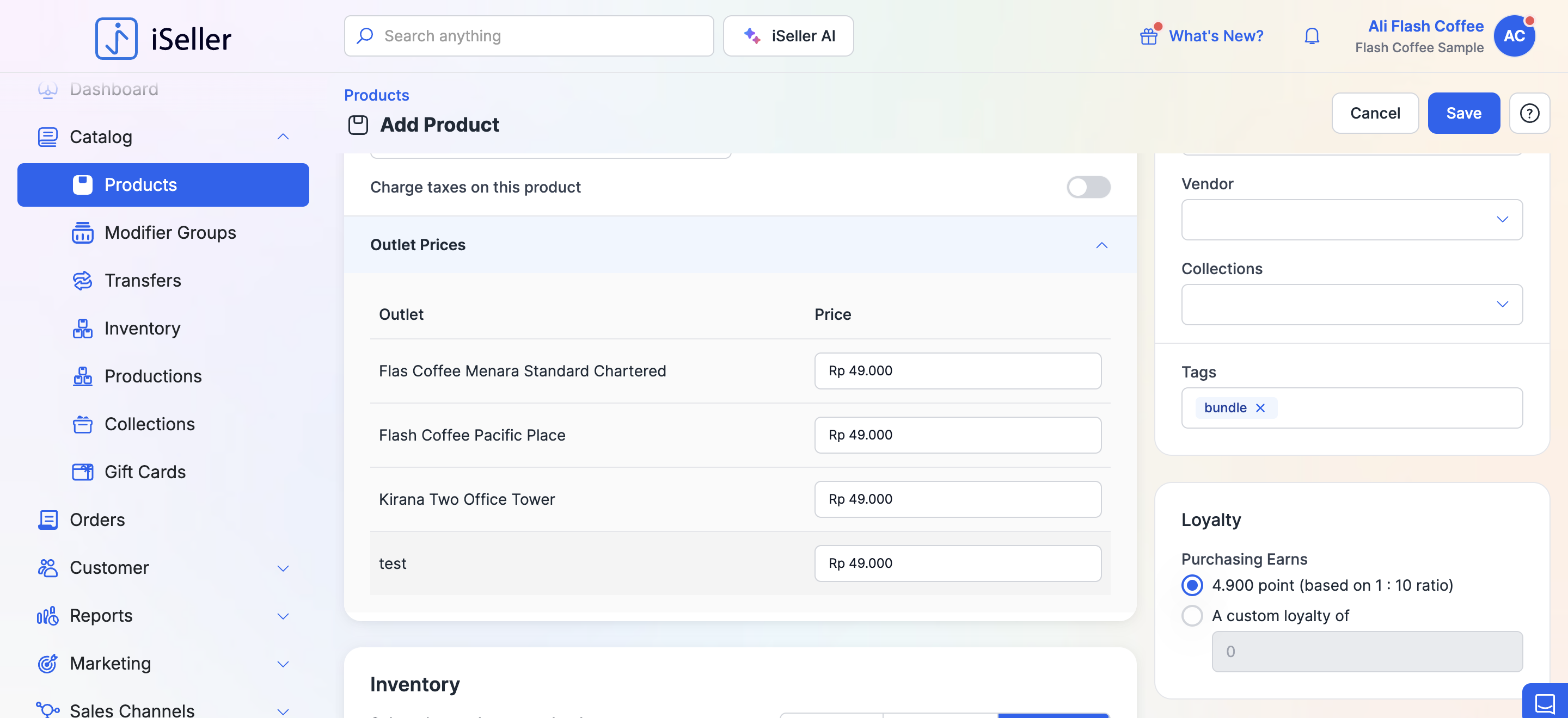 Add Product — Pricing, Outlet Prices, Tags