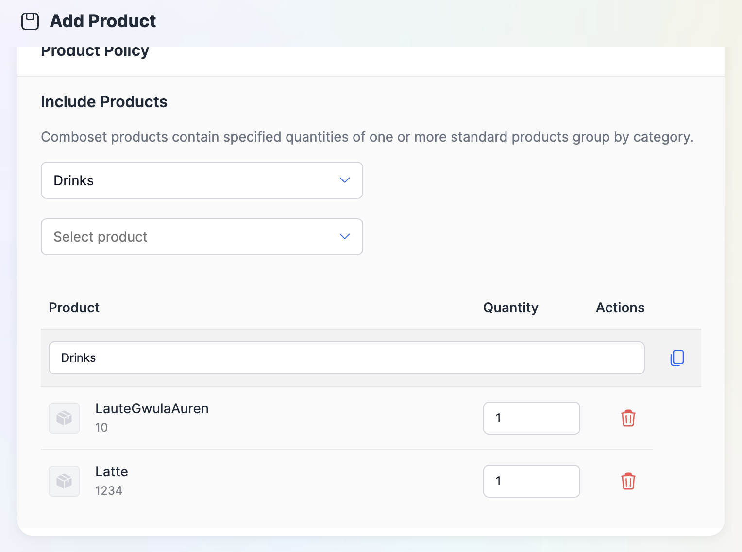 Comboset — Include Products, Drinks group