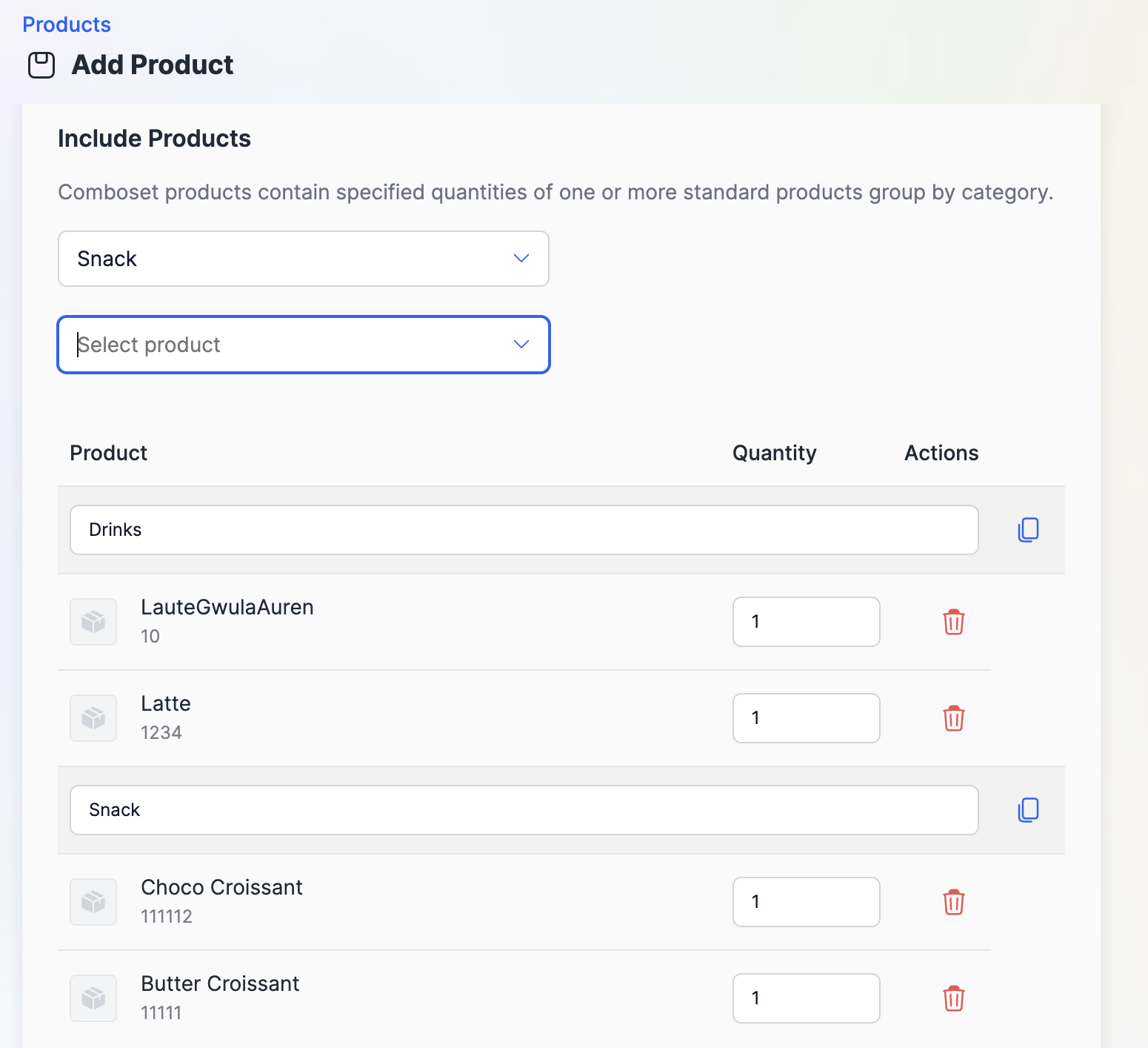 Comboset — Include Products, Drinks + Snack groups